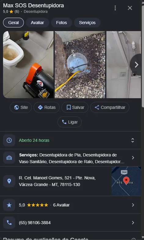 Perfil real da MAX SOS Desentupidora no Google com nota 5,0, fotos, endereço e atendimento 24 horas